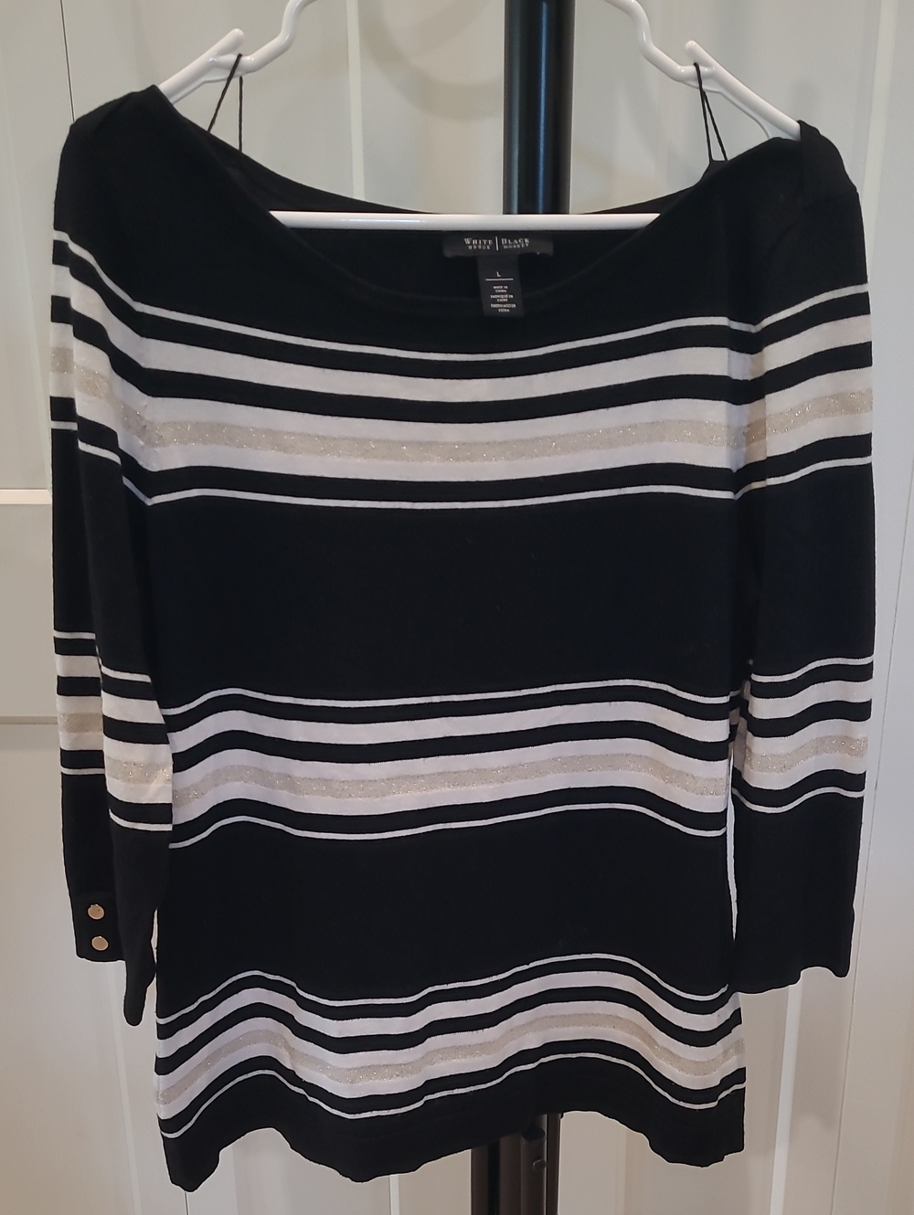 White House Black Market Black, White & Cream Striped Boatneck Top